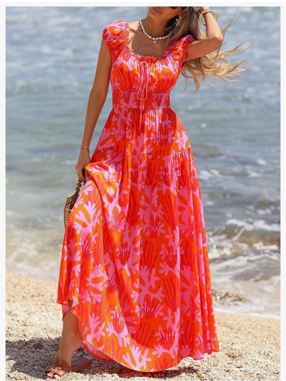Smocked Waist Pink & Orange Floral Maxi Dress